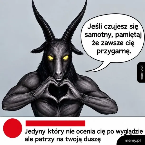 Ilustracja przedstawiająca diabla z rogami pokazującego gest serca dłońmi.