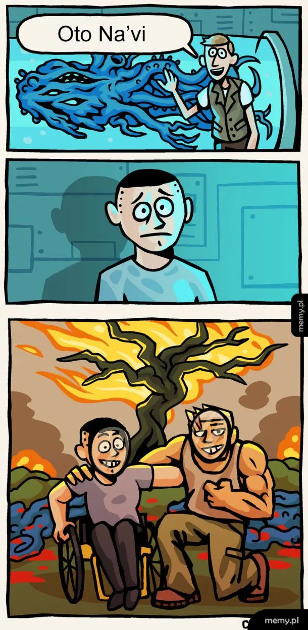 Komiks parodiujący film Avatar, naukowca pokazującego kosmitę Na'vi i sparaliżowanego żołnierza.