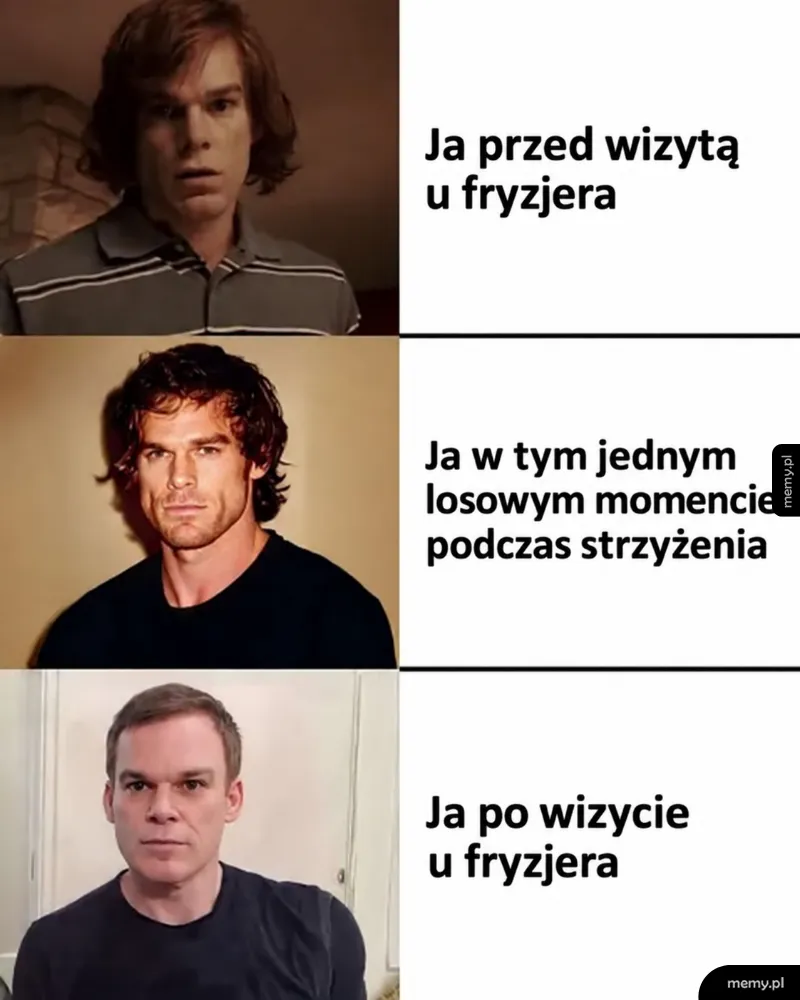 Mem z Dexterem pokazujący metamorfozę fryzjerską.