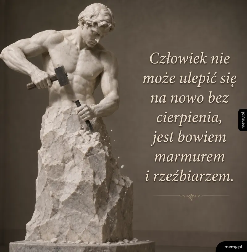 Mężczyzna wykuty z marmuru rzeźbiący samego siebie dłutem i młotkiem.
