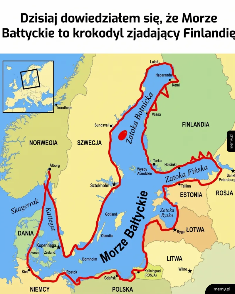 Mapa Bałtyku przedstawiona jako krokodyl pożerający Finlandię.
