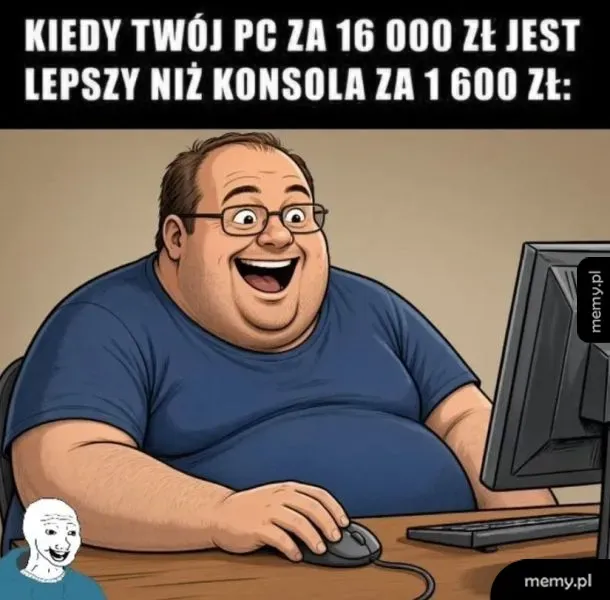 Mężczyzna w okularach cieszy się przed komputerem