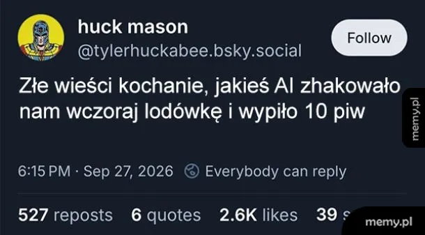 Zrzut ekranu tweeta o zhakowaniu lodówki przez AI i wypiciu piwa