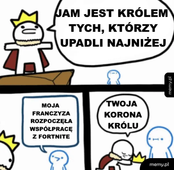 Rysunkowy król w koronie stoi na podwyższeniu i rozmawia z małą niebieską postacią.