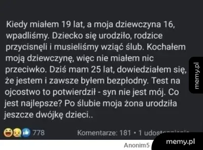 Zrzut ekranu z wpisem o dramacie rodzinnym i bezpłodności