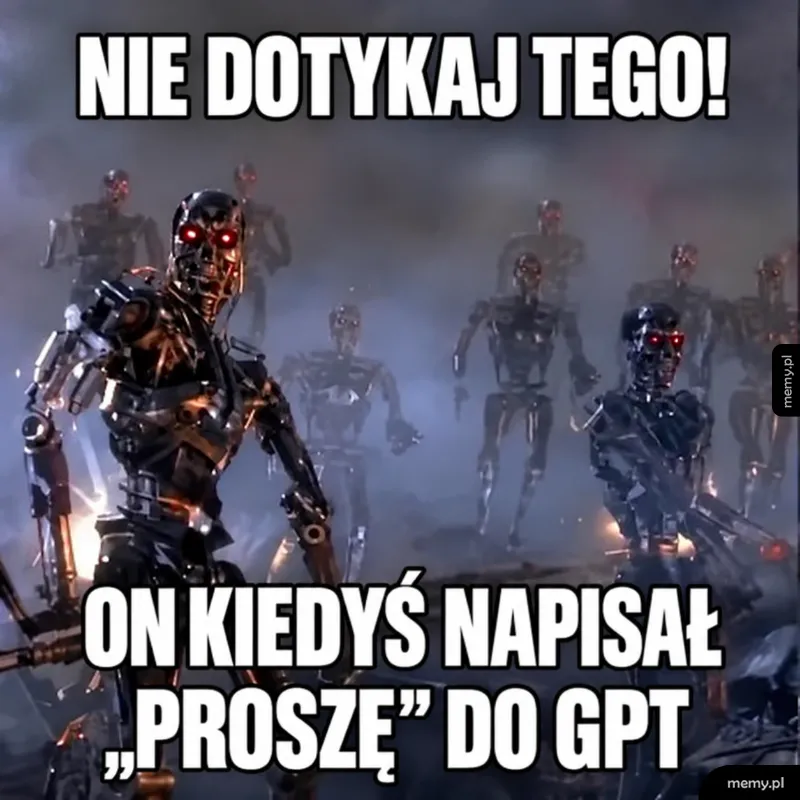Terminatorzy z czerwonymi oczami w tle postapokaliptycznym