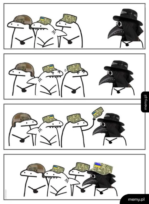 Komiks z postaciami w czapkach wojskowych i postacią w masce plague doctora.