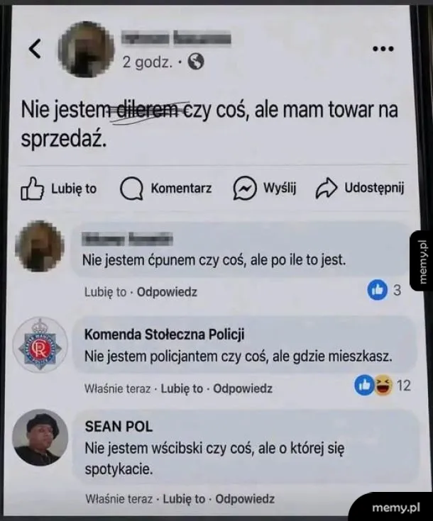 Zrzut ekranu z postem w mediach społecznościowych i komentarzami z szablonem wypowiedzi.