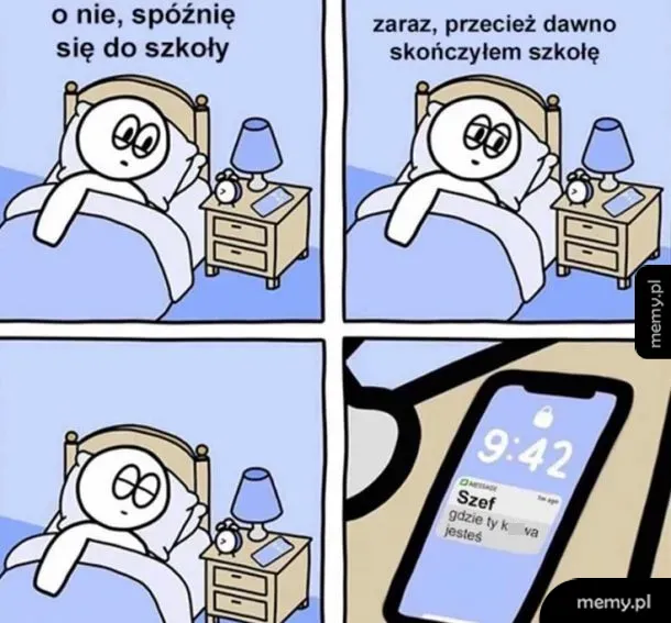 Komiks przedstawiający budzącą się postać w łóżku i sprawdzającą telefon z wiadomością od szefa.