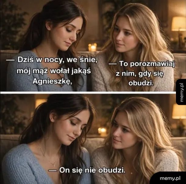Dwie kobiety rozmawiają na kanapie, mem z czarnym humorem