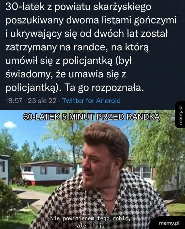 Mem z postaciam Ricky'ego z Chłopaków z baraków i nagłówkiem o poszukiwanym przestępcy.
