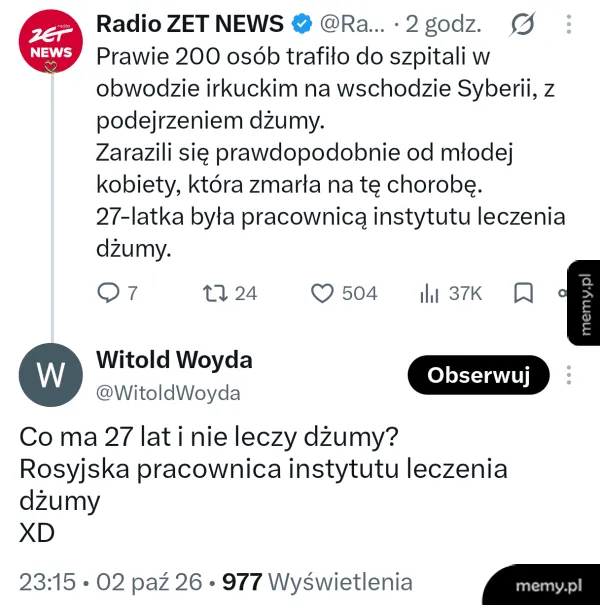 Zrzut ekranu z wpisem z portalu X (Twitter) na temat dżumy w Rosji.