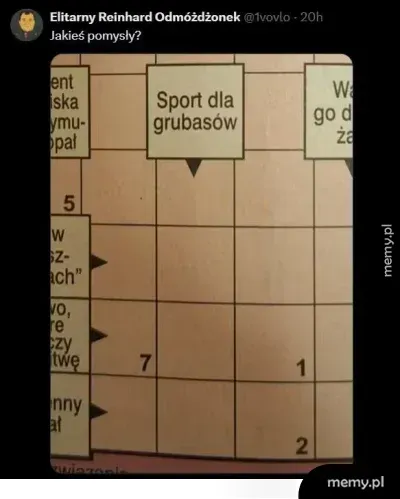 Zrzut ekranu z wpisem z Twittera i krzyżówką z pytaniem Sport dla grubasów.