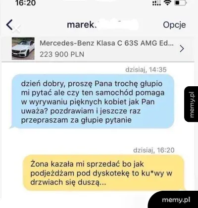 Zrzut ekranu z czatu ogłoszeniowego z pytaniem o luksusowy samochód Mercedes.