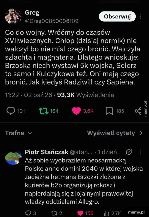 Zrzut ekranu z wpisami na Twitterze o walce najemników miliarderów w stylu XVII wieku.