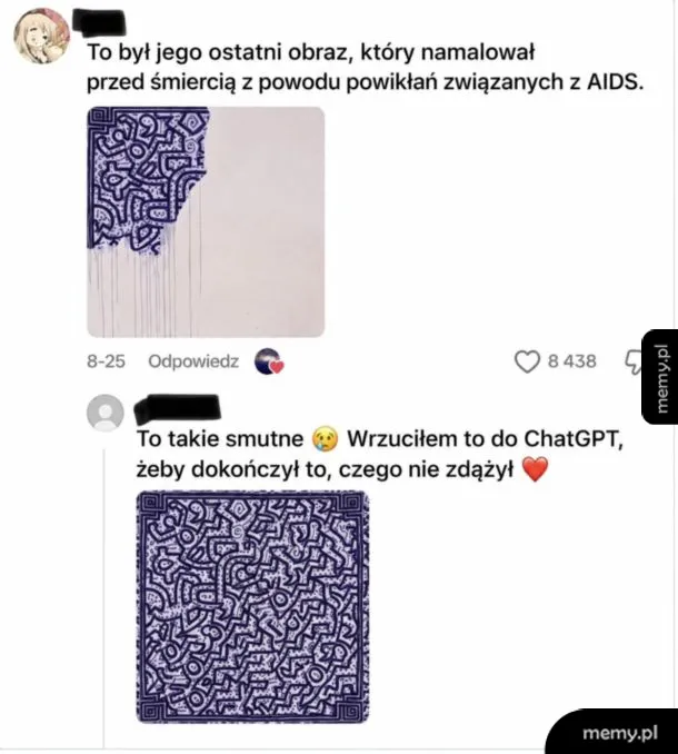 Zrzut ekranu z memem o dokończeniu niedokończonego dzieła sztuki przez AI.