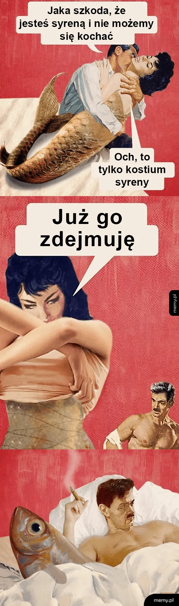Komiks retro z mężczyzną, kobietą w kostiumie syreny i rybą w łóżku