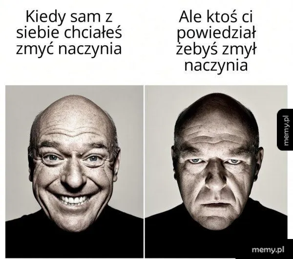 Mem z Deanem Norrisem pokazujący zmianę nastroju od uśmiechu do powagi przy zmywaniu naczyń.