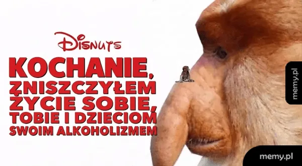 Małpa nosacz z napisem w stylu Disnuts o alkoholizmie