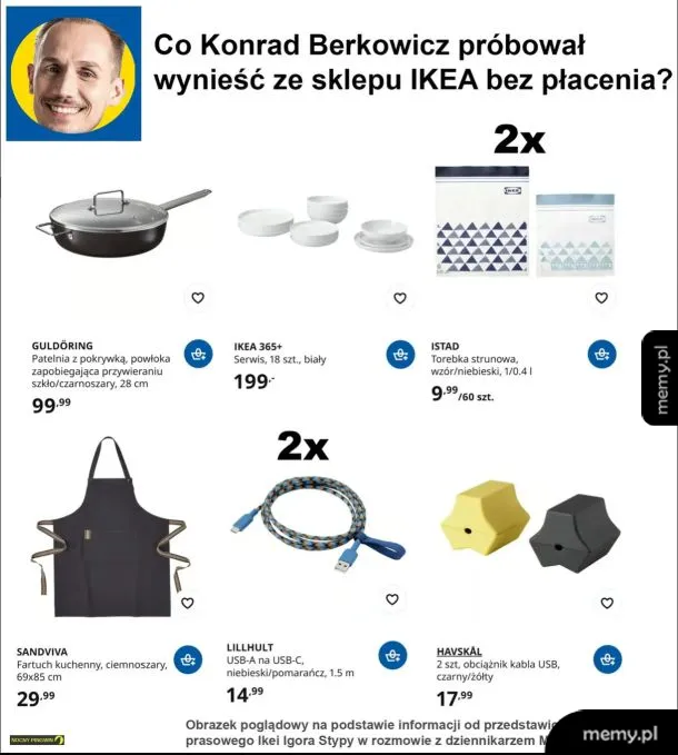 Meme z twarzą Konrada Berkowicza i fikcyjną listą zakupów z IKEA
