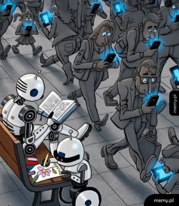 Roboty czytające książkę i rysujące, podczas gdy tłum ludzi wpatruje się w ekrany telefonów.