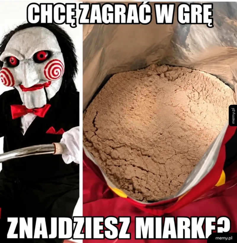 Jigsaw z filmu Piła i otwarta paczka odżywki białkowej z proszkiem na dnie