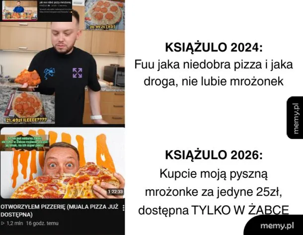 Mem z Książulem porównujący jego krytykę mrożonek do wizji jego własnej pizzy w przyszłości.