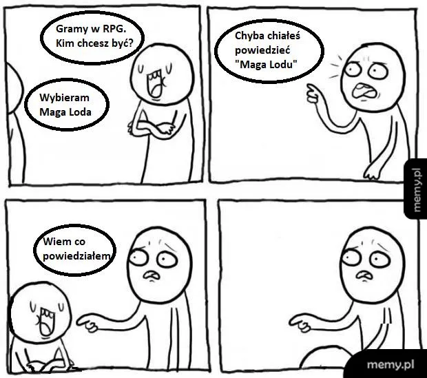 Komiks z postaciami rozmawiającymi o grze RPG i wyborze klasy postaci.