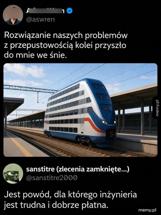 Mem z Twittera przedstawiający absurdalnie wysoki, piętrowy pociąg na stacji kolejowej.