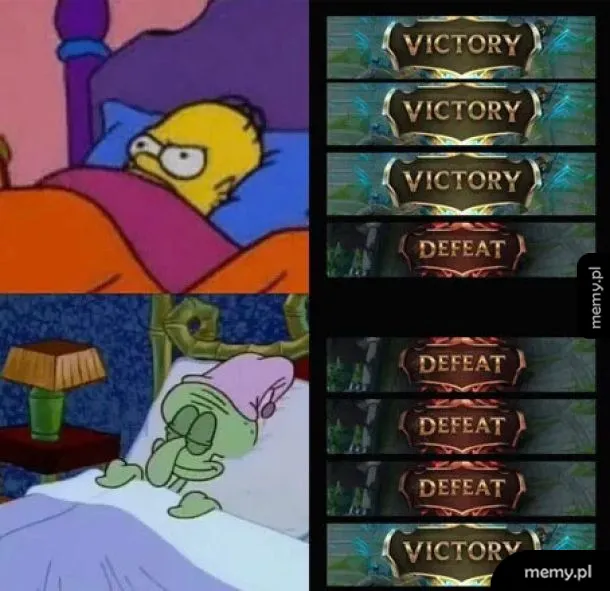 Mem z Homerem i Skalmarem w łóżku oraz historią meczów Victory i Defeat.