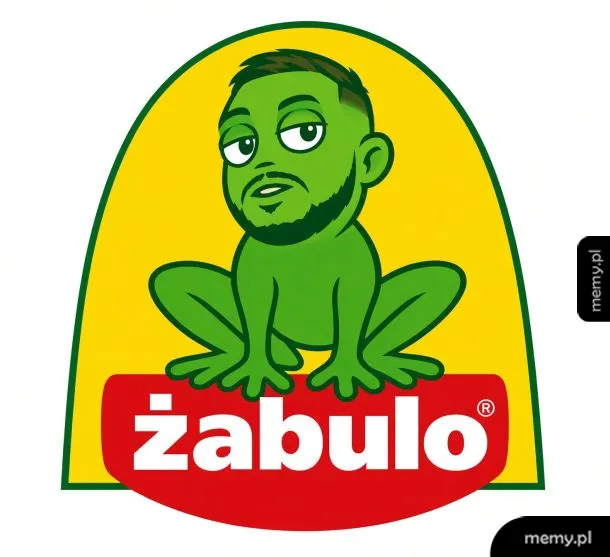 Parodia logo Żabki z twarzą mężczyzny na ciele żaby i napisem Żabulo