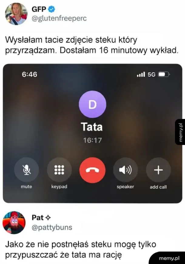 Screen z Twittera pokazujący połączenie telefoniczne z tatą trwające ponad 16 minut.