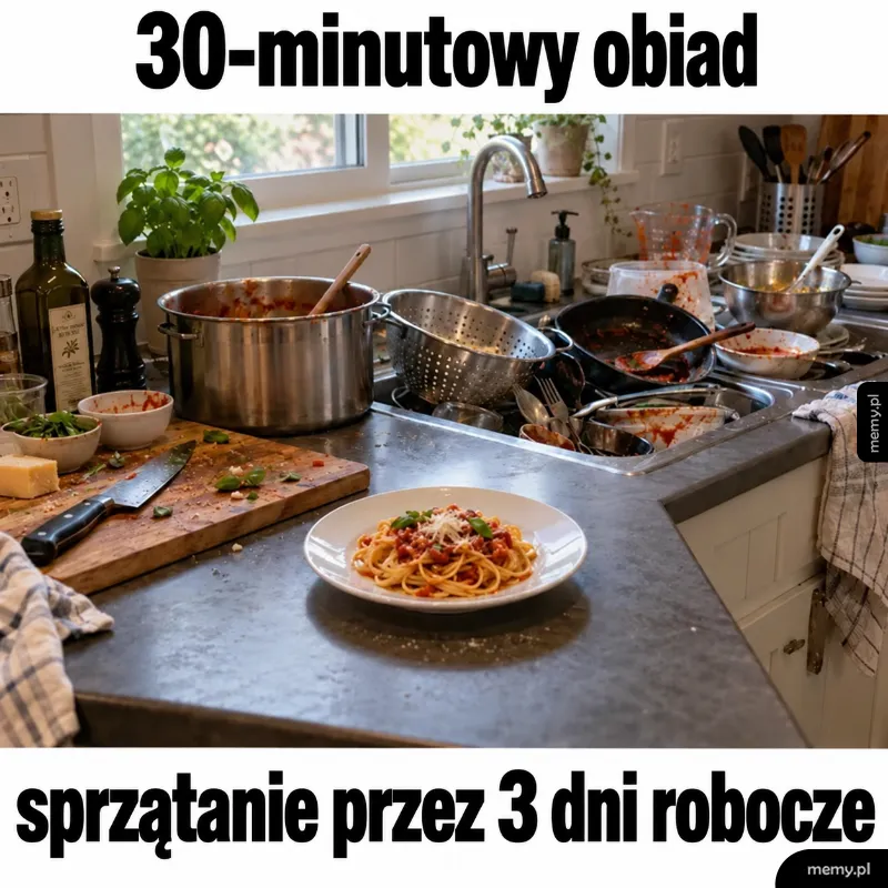 Talerz spaghetti na tle kuchni pełnej brudnych naczyń po gotowaniu.
