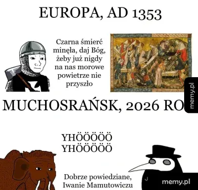 Mec z porównaniem Europy w 1353 roku i fikcyjnego Muchosrańska w 2026 roku.