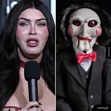 Porównanie twarzy kobiety z kukłą Billy z filmu Piła