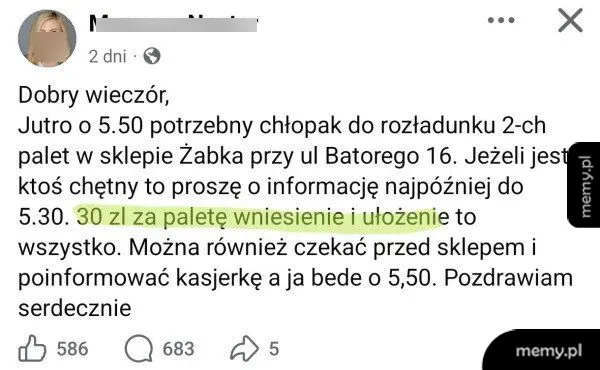 Zrzut ekranu posta z ofertą pracy w sklepie Żabka za 30 zł od palety