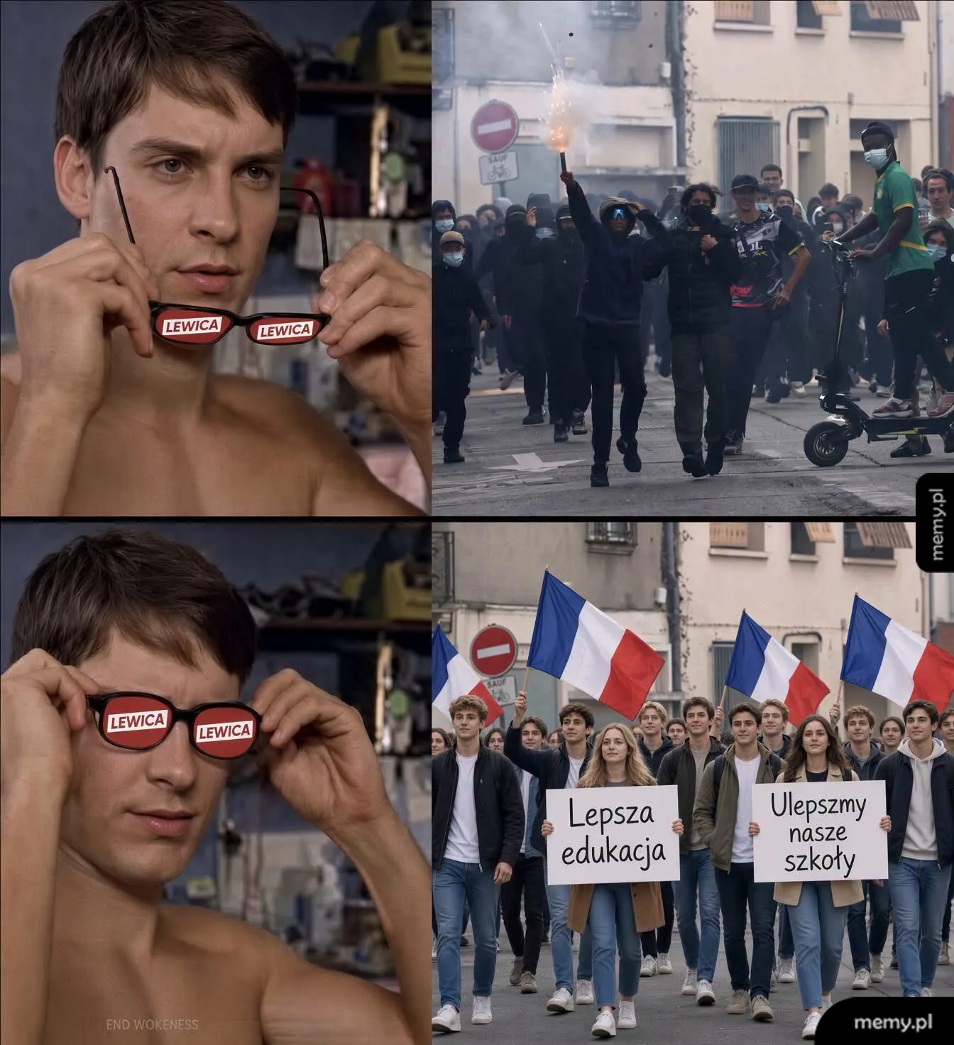 Mężczyzna z filmem Spider-Man zakłada okulary z napisem Lewica, zmieniając postrzeganie zamieszek.