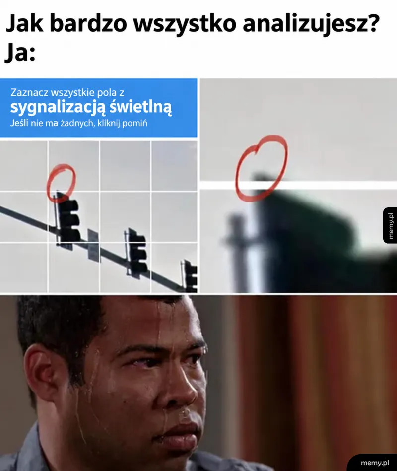 Mężczyzna analizujący miniaturowy fragment sygnalizacji świetlnej w teście reCAPTCHA