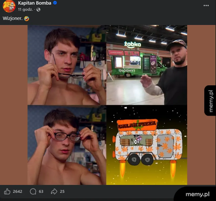 Mem z Peterem Parkerem zakładającym okulary i porównującym foodtruck Żabki z Kosmiczną Pizzerią.