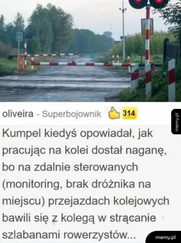 Przejazd kolejowy z zamkniętymi szlabanami i tekst o pracownikach kolei.