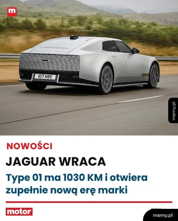 Srebrny samochód marki Jaguar jadący szosą.