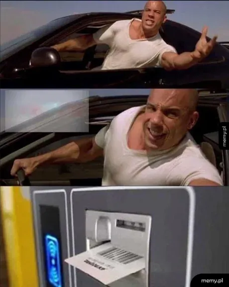 Vin Diesel prowadzi samochód i gwałtownie wyciąga rękę po wydruk z parkomatu.