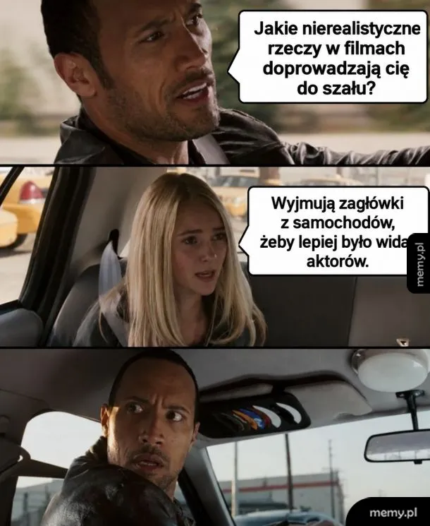 Dwayne Johnson rozmawia z blondynką w samochodzie, mem z filmu