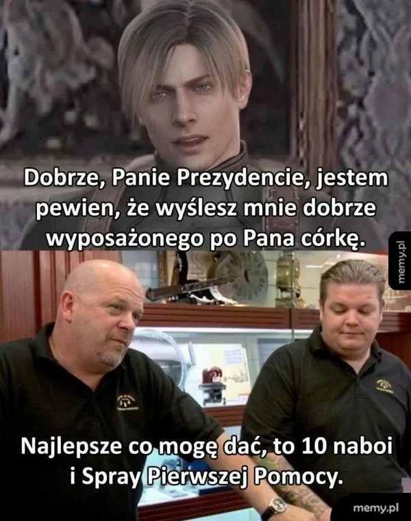Mem z Leonem S. Kennedym rozmawiającym z Rickiem Harrisonem z programu Gwiazdy lombardu.