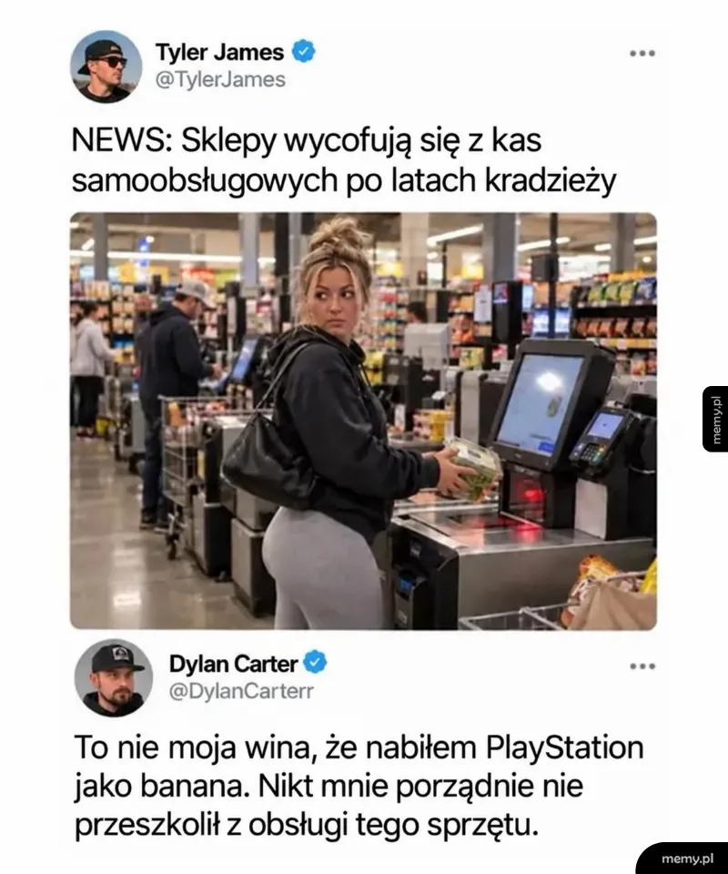 Kobieta przy kasie samoobsługowej w sklepie oraz tweety o kradzieżach i nabijaniu konsoli jako banany.