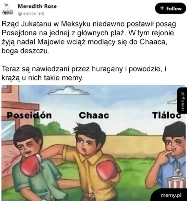 Mem z postaciami Posejdona, Chaaca i Tlaloca jako bokserami.