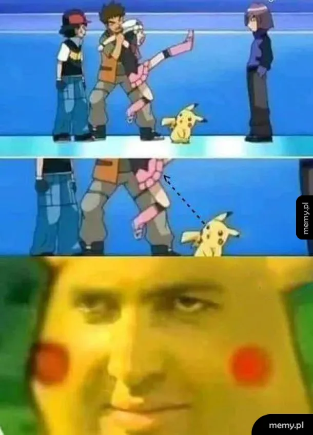 Meme z Pokemonów: Pikachu patrzy na nogę dziewczyny, a na dole twarz Pikachu ma twarz mężczyzny.