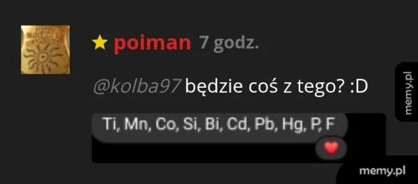 Zrzut ekranu z czatu z symbolem pierwiastków chemicznych układających się w słowo
