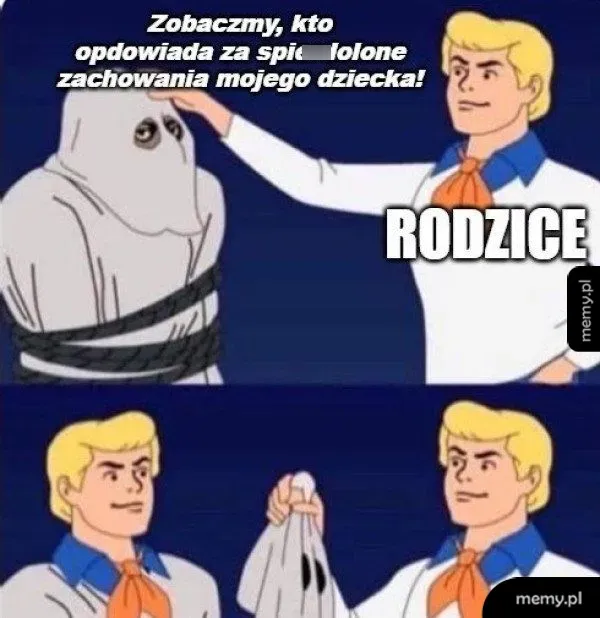 Fred z Scooby-Doo zdejmuje maskę duszka, pod którą jest on sam.