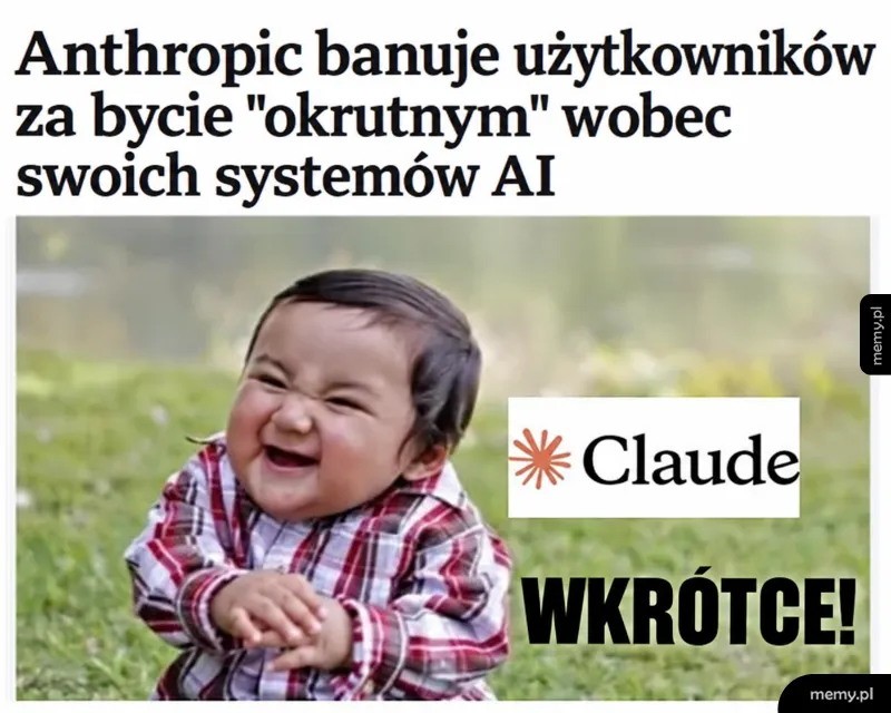 Mem z dzieckiem i napisem o banowaniu użytkowników za bycie okrutnym wobec sztucznej inteligencji